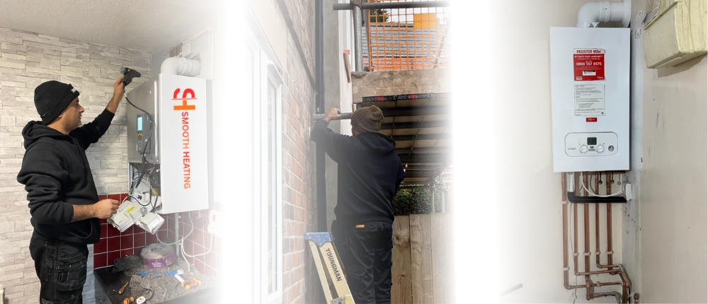 Heating engineer inspecting a wall-mounted boiler and examples of installed boilers